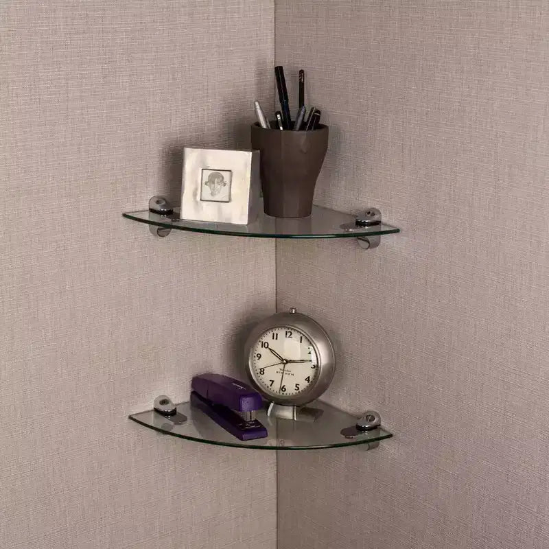 Étagères d'angle flottantes en verre transparent, supports chromés – Lot de 2