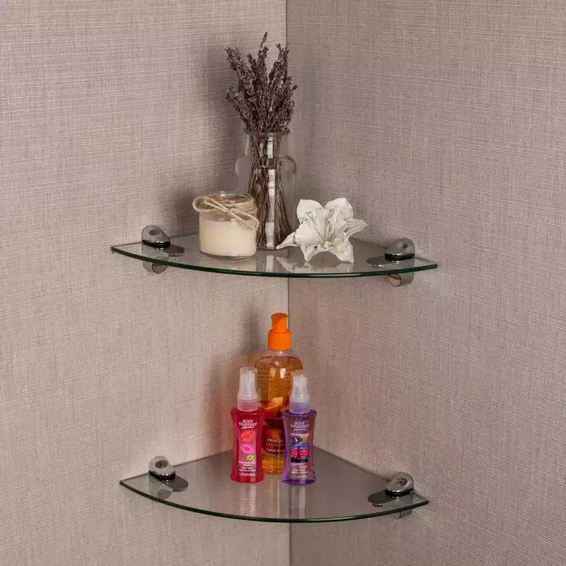 Étagères d'angle flottantes en verre transparent, supports chromés – Lot de 2