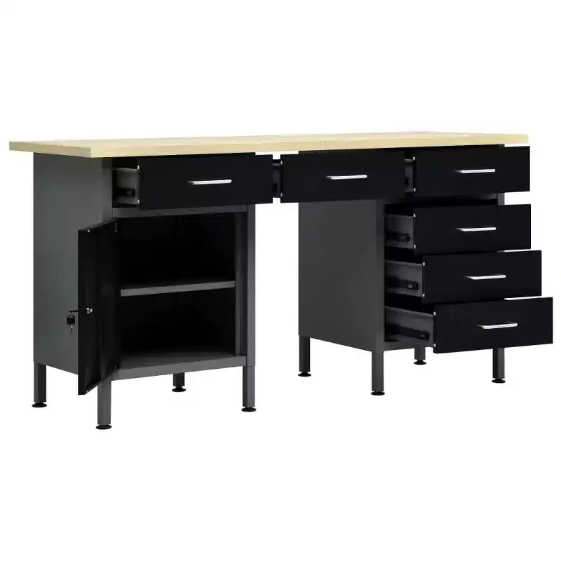 Établi en acier noir avec armoire et 6 tiroirs, 160 cm (L) x 60 cm (P) x 85 cm (H)