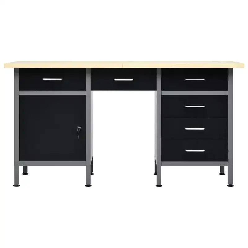 Établi en acier noir avec armoire et 6 tiroirs, 160 cm (L) x 60 cm (P) x 85 cm (H)
