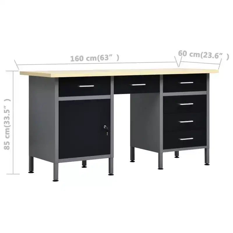 Établi en acier noir avec armoire et 6 tiroirs, 160 cm (L) x 60 cm (P) x 85 cm (H)