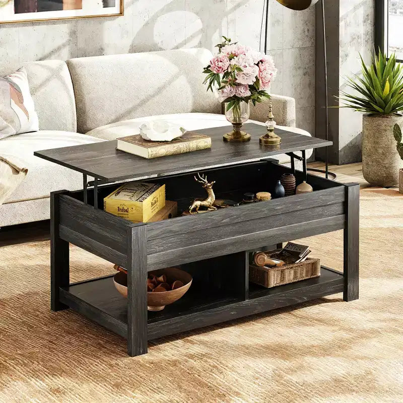 Table basse relevable avec compartiment de rangement caché et 2 étagères, Expresso / Marron rustique
