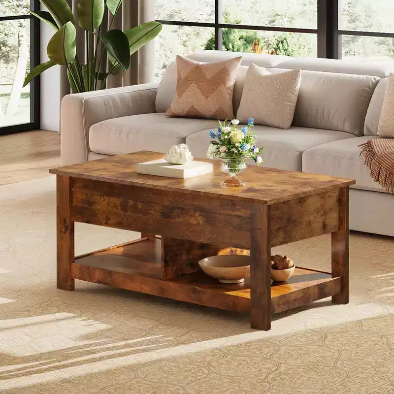 Table basse relevable avec compartiment de rangement caché et 2 étagères, Expresso / Marron rustique