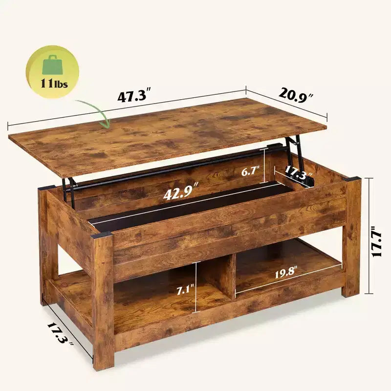 Table basse relevable avec compartiment de rangement caché et 2 étagères, Expresso / Marron rustique