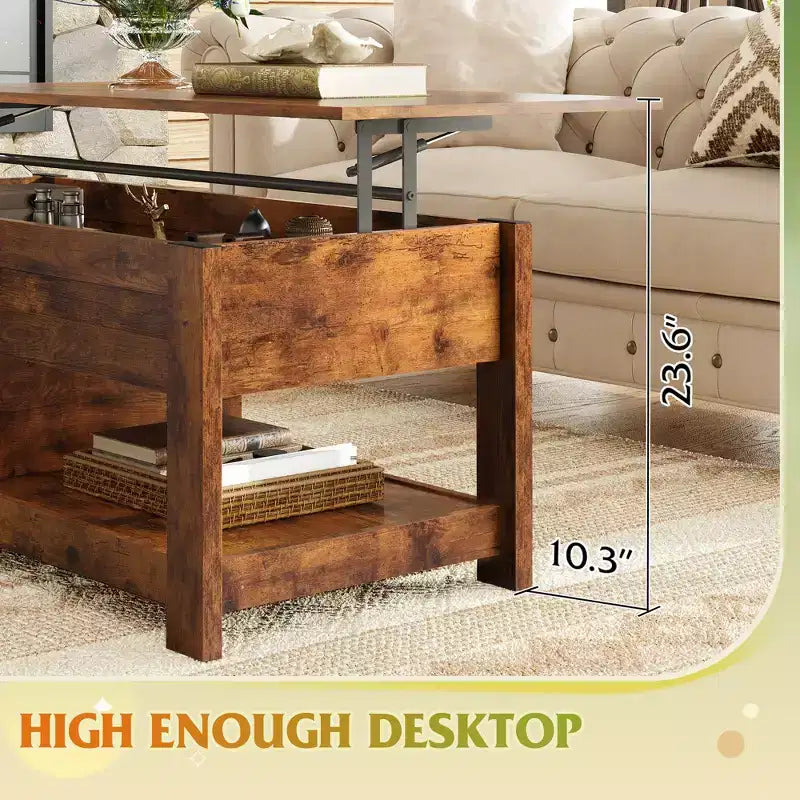 Table basse relevable avec compartiment de rangement caché et 2 étagères, Expresso / Marron rustique