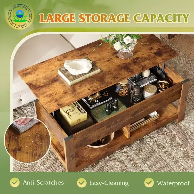Table basse relevable avec compartiment de rangement caché et 2 étagères, Expresso / Marron rustique