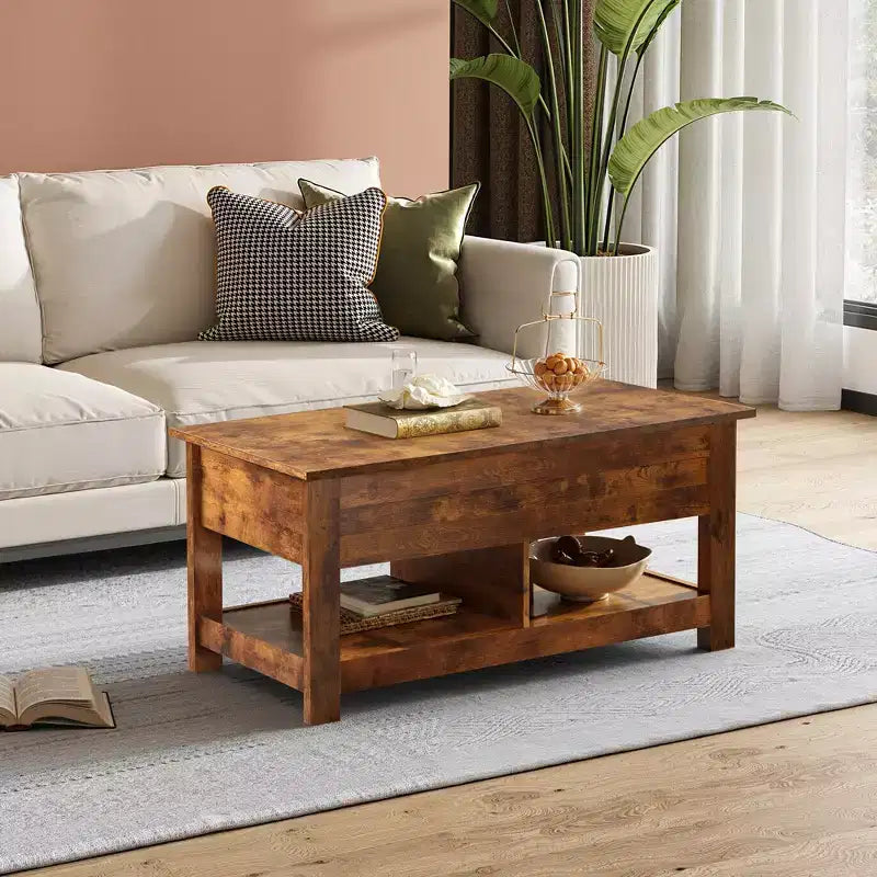 Table basse relevable avec compartiment de rangement caché et 2 étagères, Expresso / Marron rustique