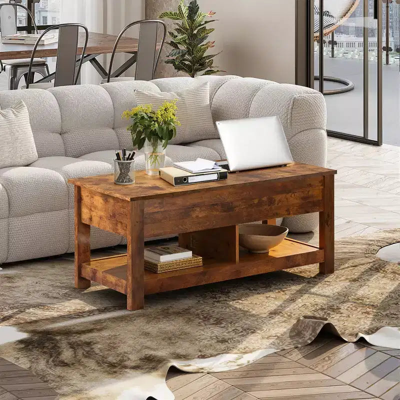 Table basse relevable avec compartiment de rangement caché et 2 étagères, Expresso / Marron rustique