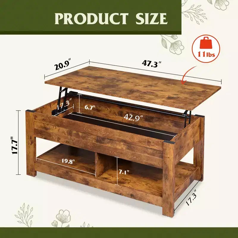 Table basse relevable avec compartiment de rangement caché et 2 étagères, Expresso / Marron rustique