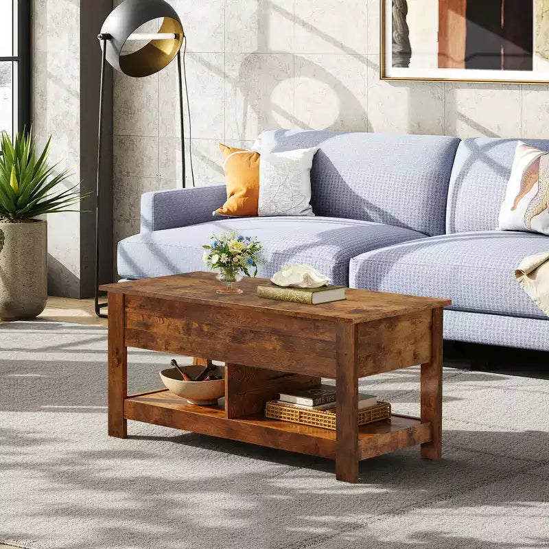Table basse relevable avec compartiment de rangement caché et 2 étagères, Expresso / Marron rustique