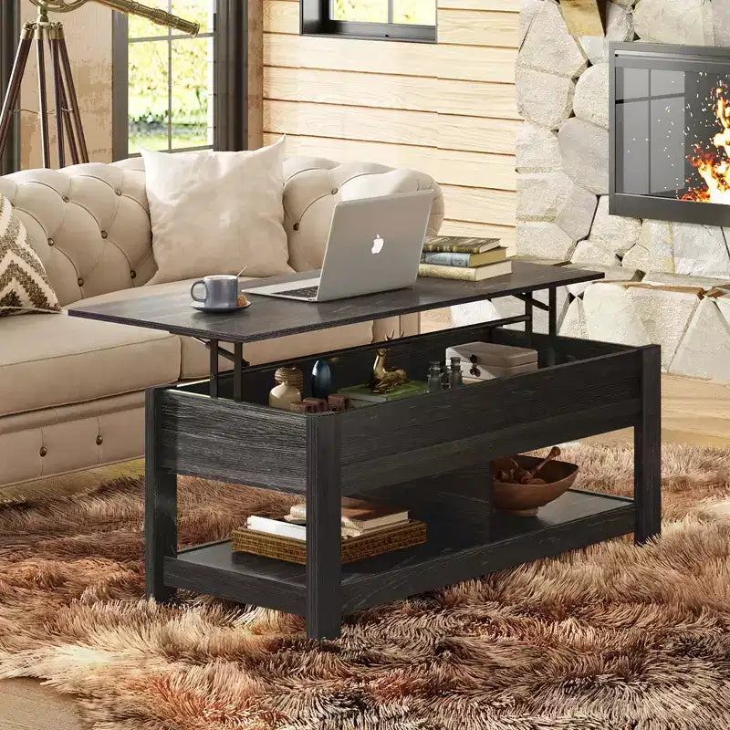Table basse relevable avec compartiment de rangement caché et 2 étagères, Expresso / Marron rustique