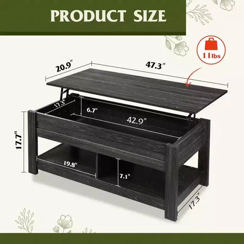 Table basse relevable avec compartiment de rangement caché et 2 étagères, Expresso / Marron rustique