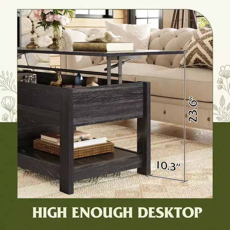 Table basse relevable avec compartiment de rangement caché et 2 étagères, Expresso / Marron rustique