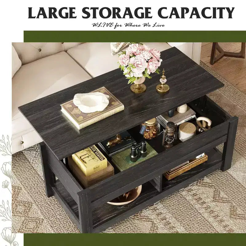 Table basse relevable avec compartiment de rangement caché et 2 étagères, Expresso / Marron rustique