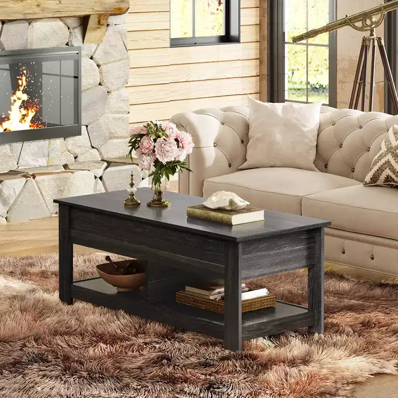 Table basse relevable avec compartiment de rangement caché et 2 étagères, Expresso / Marron rustique
