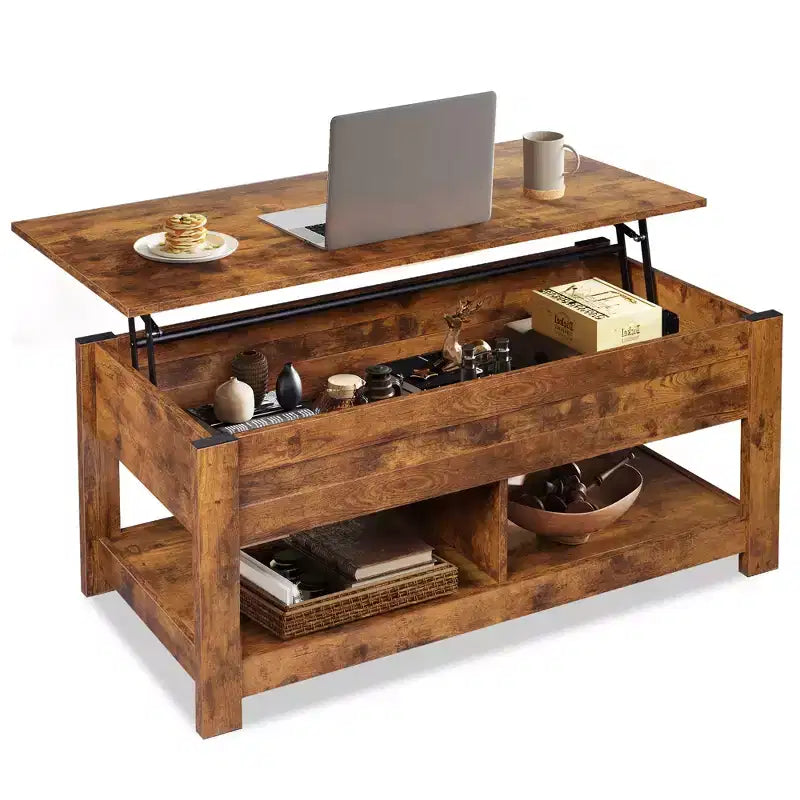 Table basse relevable avec compartiment de rangement caché et 2 étagères, Expresso / Marron rustique