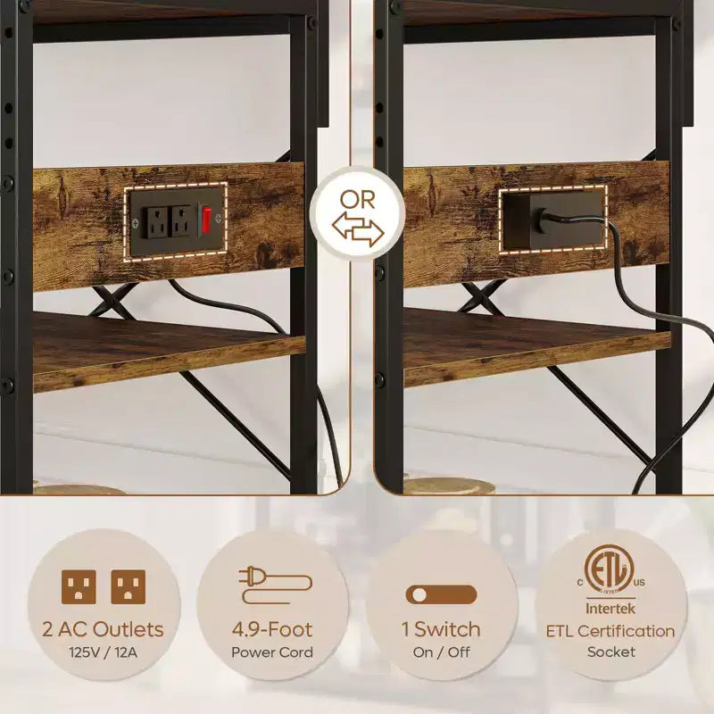 Étagère de Boulanger à 5 Niveaux Chêne Clair / Marron Rustique avec Prises de Courant – Assemblage par 1 Personne