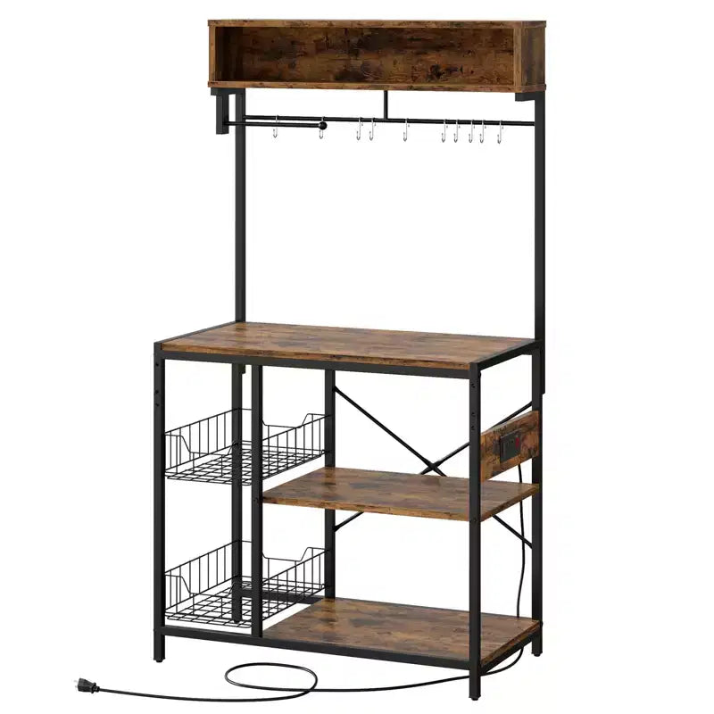 Étagère de Boulanger à 5 Niveaux Chêne Clair / Marron Rustique avec Prises de Courant – Assemblage par 1 Personne