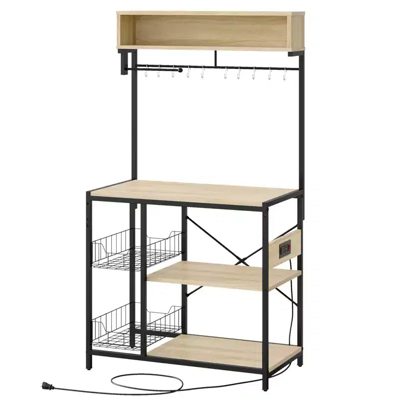 Étagère de Boulanger à 5 Niveaux Chêne Clair / Marron Rustique avec Prises de Courant – Assemblage par 1 Personne