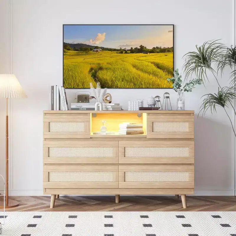 Commode 6 tiroirs en rotin avec lumière LED et station de recharge – Noir / Naturel / Blanc, 1 personne