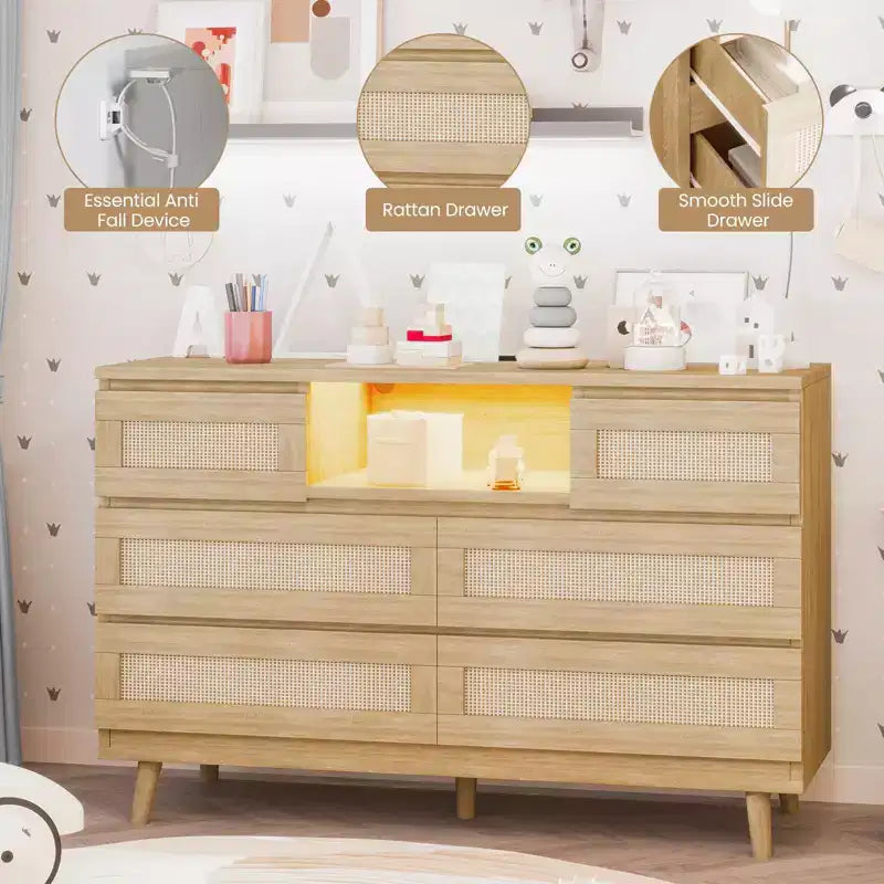Commode 6 tiroirs en rotin avec lumière LED et station de recharge – Noir / Naturel / Blanc, 1 personne