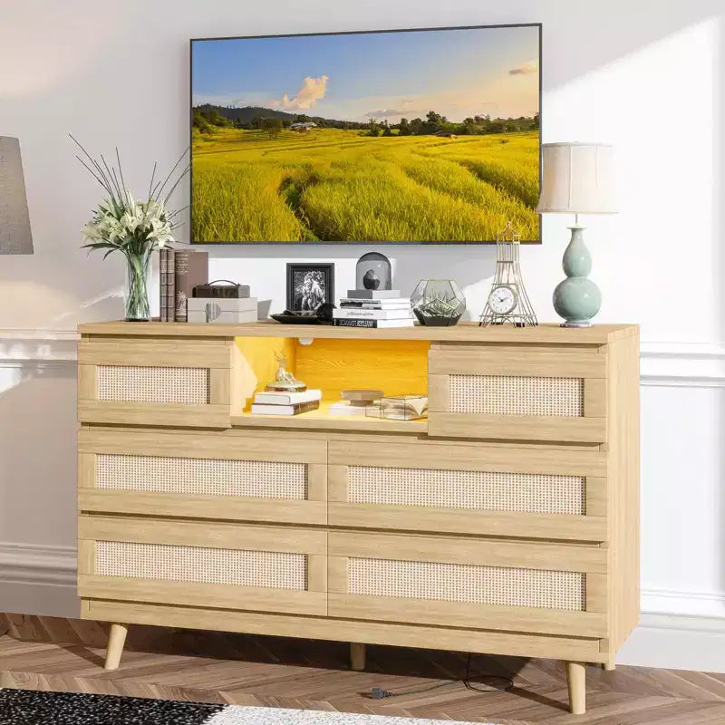Commode 6 tiroirs en rotin avec lumière LED et station de recharge – Noir / Naturel / Blanc, 1 personne