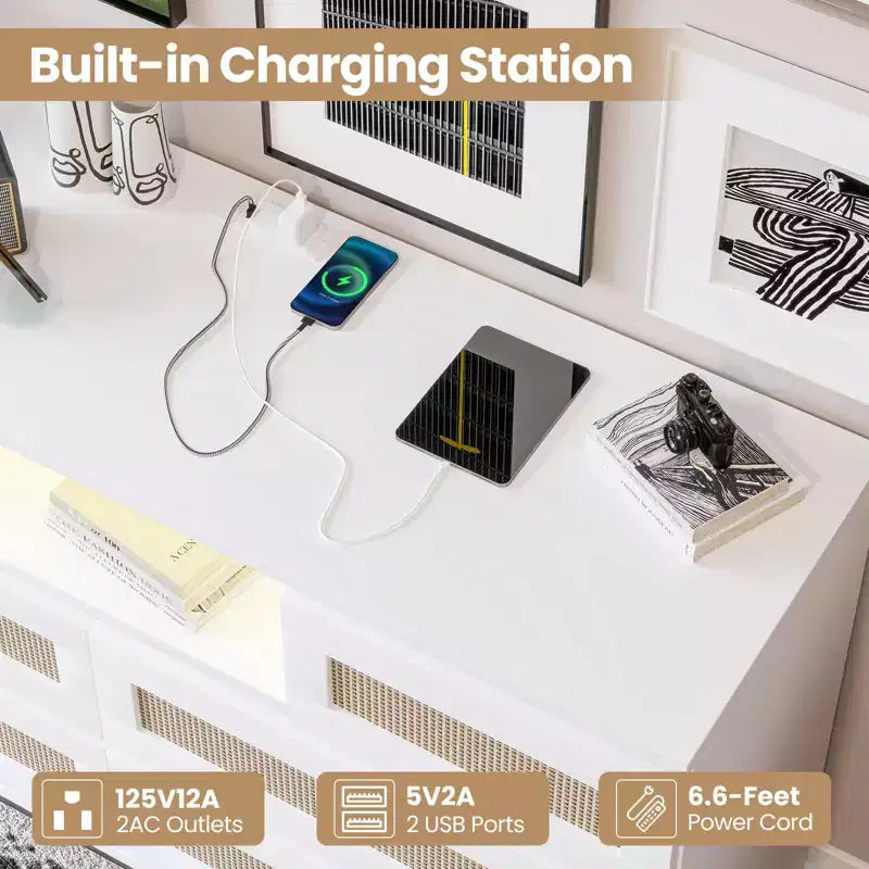 Commode 6 tiroirs en rotin avec lumière LED et station de recharge – Noir / Naturel / Blanc, 1 personne