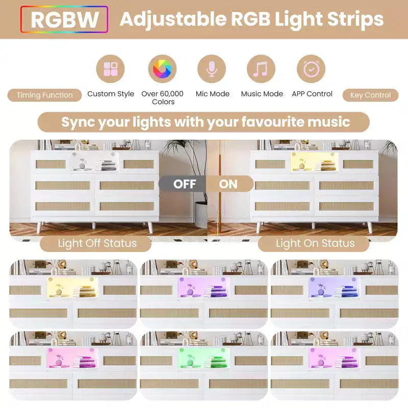 Commode 6 tiroirs en rotin avec lumière LED et station de recharge – Noir / Naturel / Blanc, 1 personne