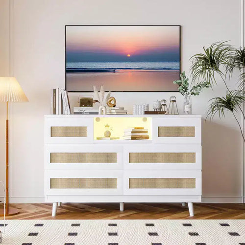 Commode 6 tiroirs en rotin avec lumière LED et station de recharge – Noir / Naturel / Blanc, 1 personne