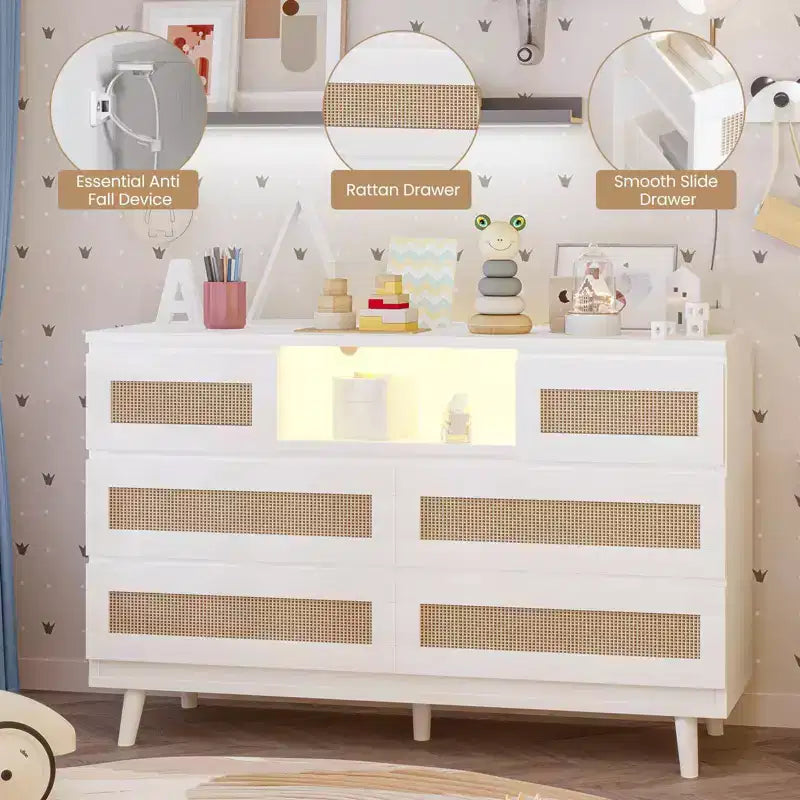 Commode 6 tiroirs en rotin avec lumière LED et station de recharge – Noir / Naturel / Blanc, 1 personne