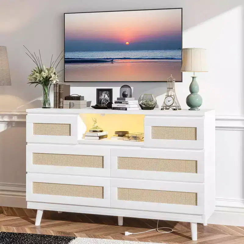 Commode 6 tiroirs en rotin avec lumière LED et station de recharge – Noir / Naturel / Blanc, 1 personne