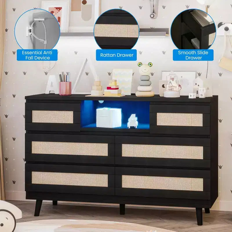 Commode 6 tiroirs en rotin avec lumière LED et station de recharge – Noir / Naturel / Blanc, 1 personne