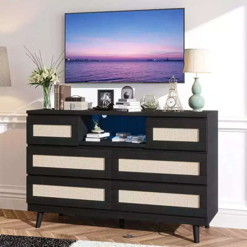 Commode 6 tiroirs en rotin avec lumière LED et station de recharge – Noir / Naturel / Blanc, 1 personne