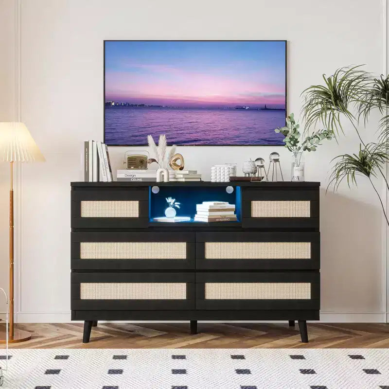 Commode 6 tiroirs en rotin avec lumière LED et station de recharge – Noir / Naturel / Blanc, 1 personne