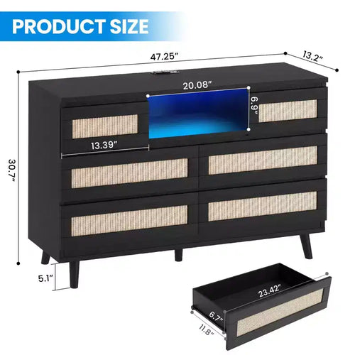 GARVEE 6 Drawer Rattan Dressers,Wooden Durable Dressers & Chests of Drawers with LED Light and Charging Station, TV Stand for Bedroom