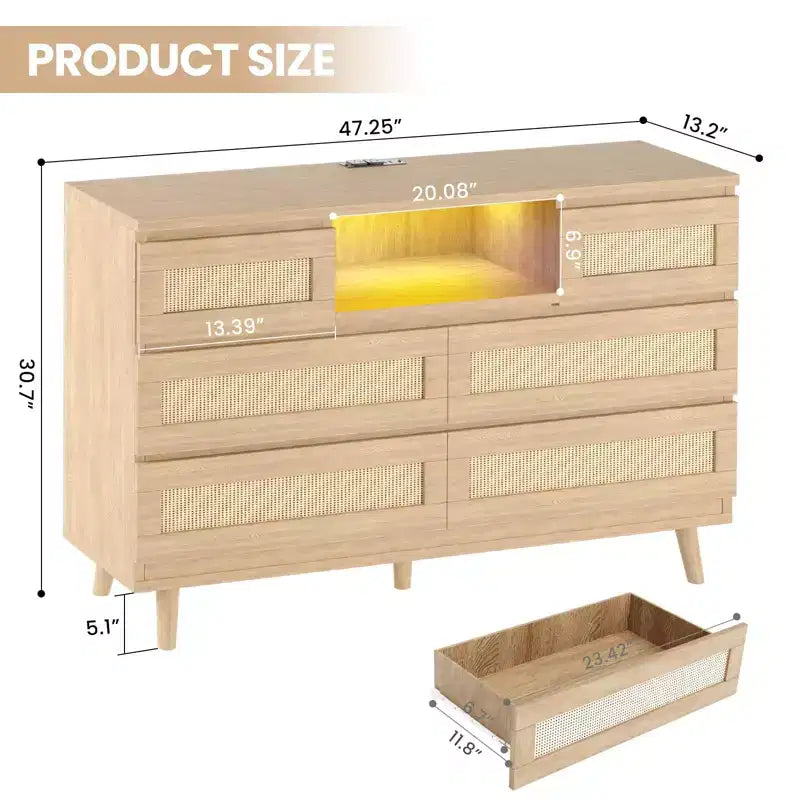 Commode 6 tiroirs en rotin avec lumière LED et station de recharge – Noir / Naturel / Blanc, 1 personne