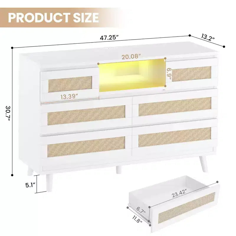 Commode 6 tiroirs en rotin avec lumière LED et station de recharge – Noir / Naturel / Blanc, 1 personne