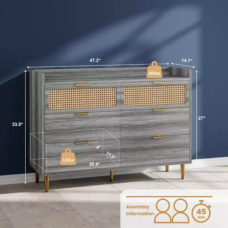 Commode 6 tiroirs, marron / noyer foncé, style rotin mi-siècle