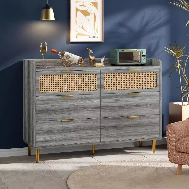 Commode 6 tiroirs, marron / noyer foncé, style rotin mi-siècle