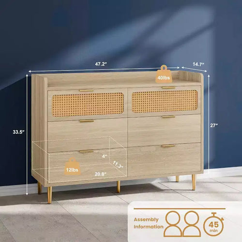Commode 6 tiroirs, marron / noyer foncé, style rotin mi-siècle