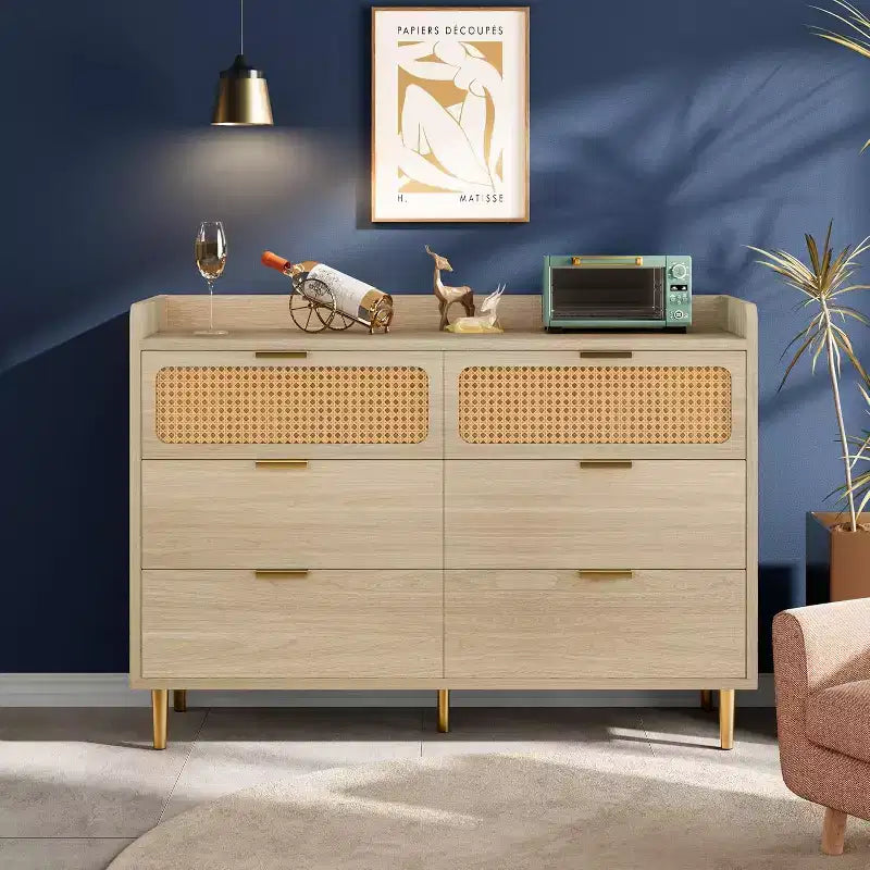 Commode 6 tiroirs, marron / noyer foncé, style rotin mi-siècle
