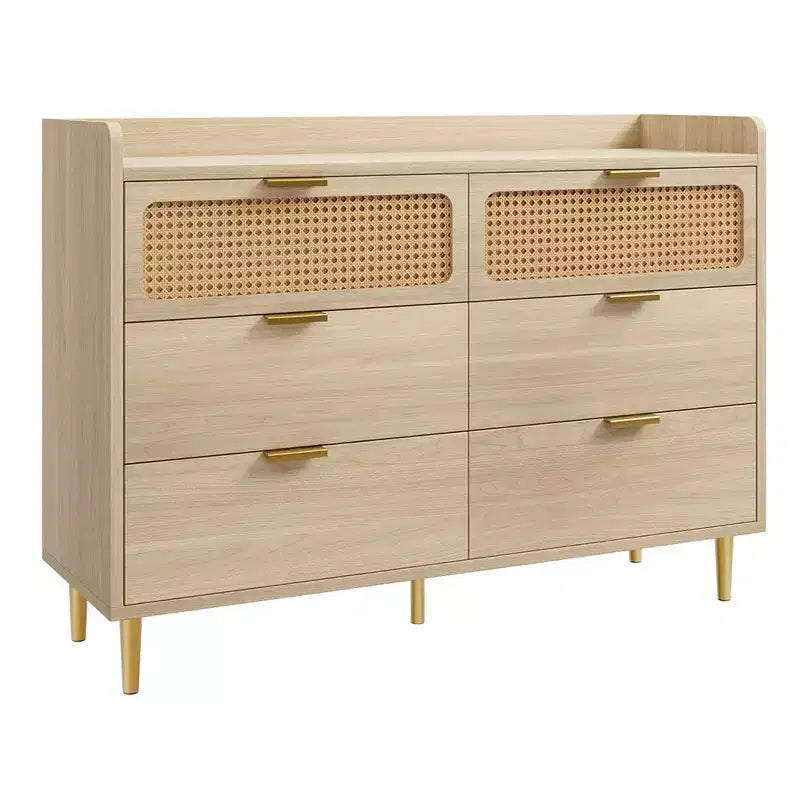 Commode 6 tiroirs, marron / noyer foncé, style rotin mi-siècle