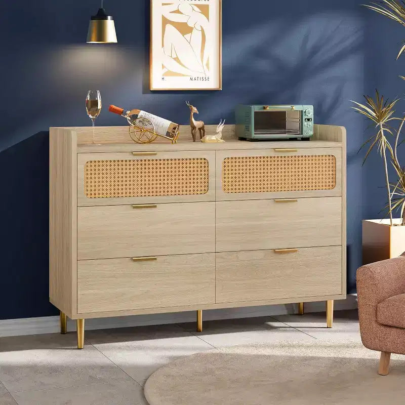 Commode 6 tiroirs, marron / noyer foncé, style rotin mi-siècle