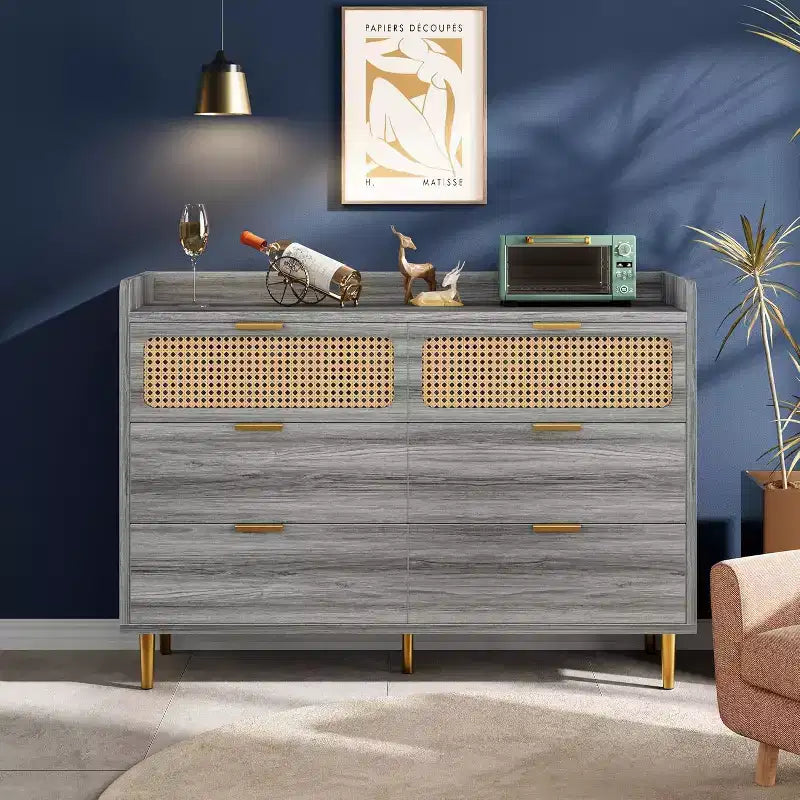 Commode 6 tiroirs, marron / noyer foncé, style rotin mi-siècle