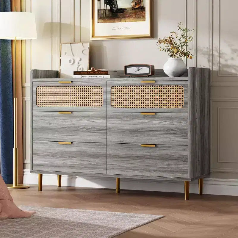 Commode 6 tiroirs, marron / noyer foncé, style rotin mi-siècle