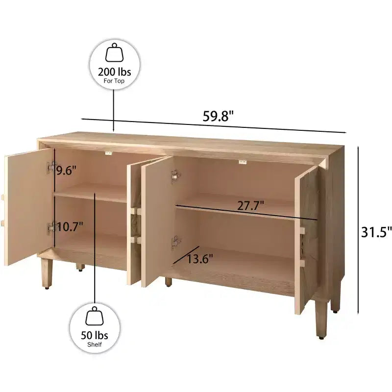 Buffet/bahut 152,4 cm beige/noir avec 4 portes, bahut moderne avec étagères réglables