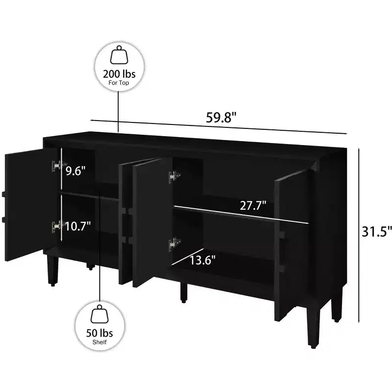 Buffet/bahut 152,4 cm beige/noir avec 4 portes, bahut moderne avec étagères réglables