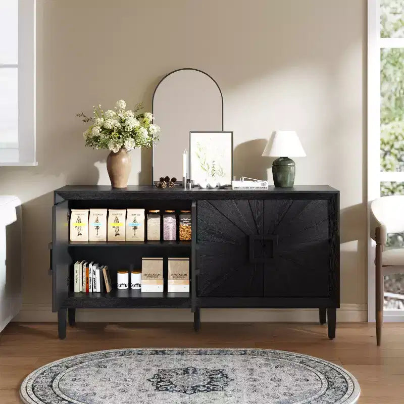 Buffet/bahut 152,4 cm beige/noir avec 4 portes, bahut moderne avec étagères réglables
