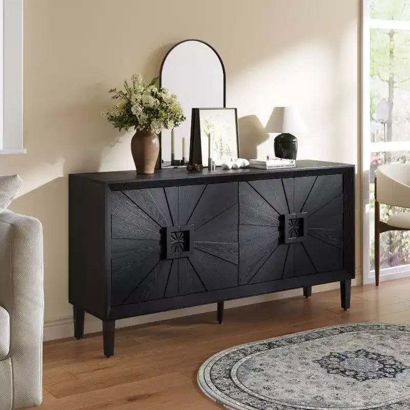 Buffet/bahut 152,4 cm beige/noir avec 4 portes, bahut moderne avec étagères réglables