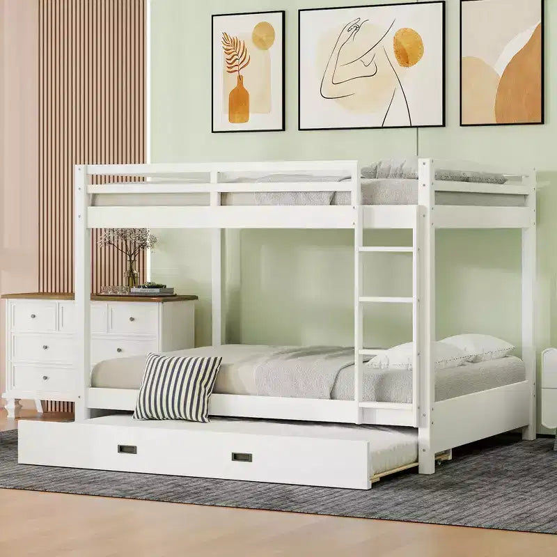 Lit superposé Queen blanc/naturel avec échelle et lit gigogne Twin XL, 3 couchages